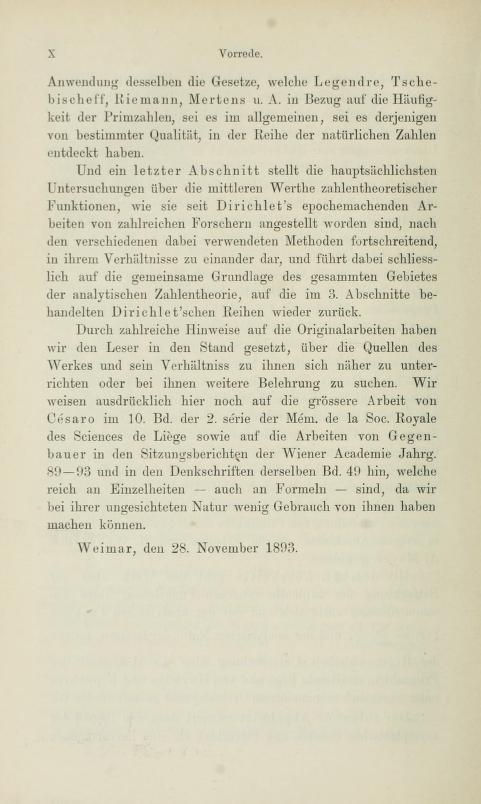Sixth page of the preface to Die analytische Zahlentheorie by Paul Bachmann, 1894