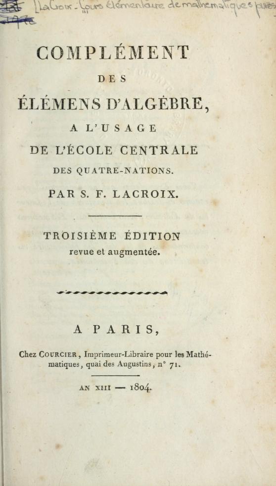 Title page of Lacroix's Complement des Elemens d'Algebre, published in 1804.