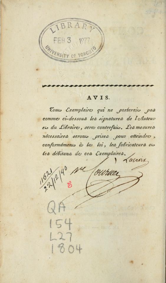 Obverse to title of Lacroix's Complement des Elemens d'Algebre, with autograph.