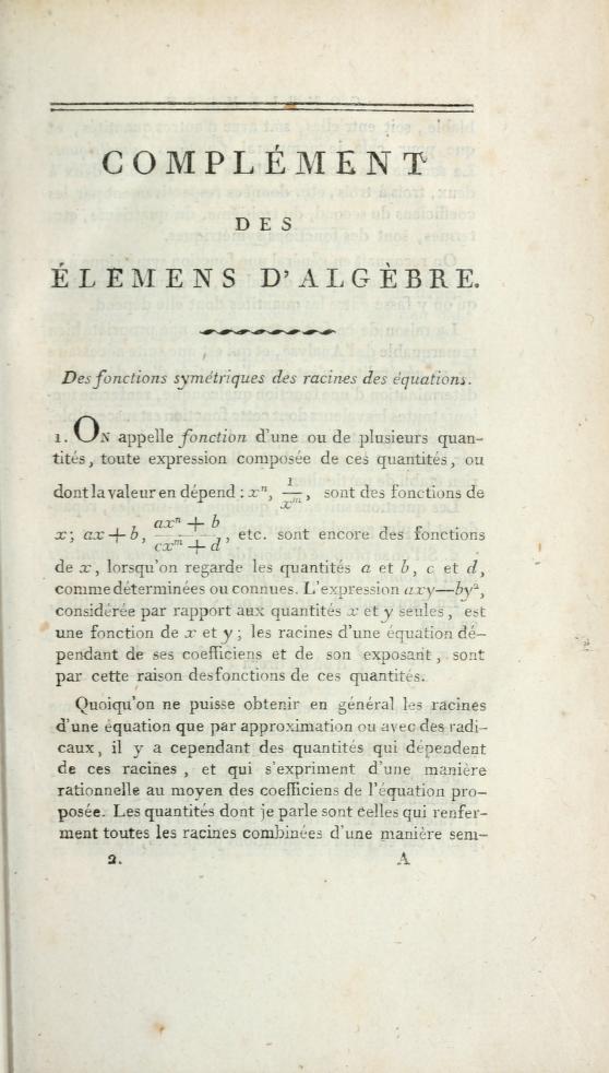 Page 1 of Lacroix's Complement des Elemens d'Algebre, published in 1804.