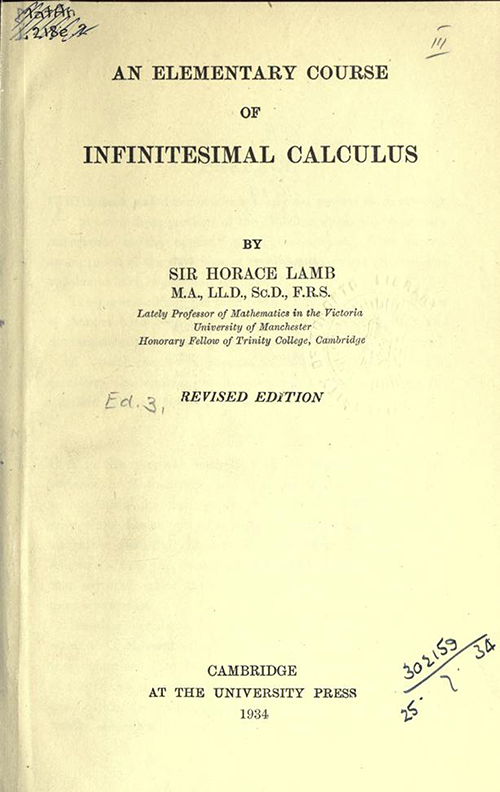 Title Page of An Elementary Course of Infinitesimal Calculus by Horace Lamb (1934 edition)