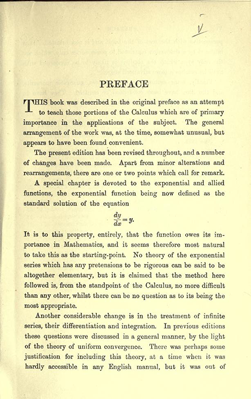 First page of Preface of An Elementary Course of Infinitesimal Calculus by Horace Lamb (1934 edition)