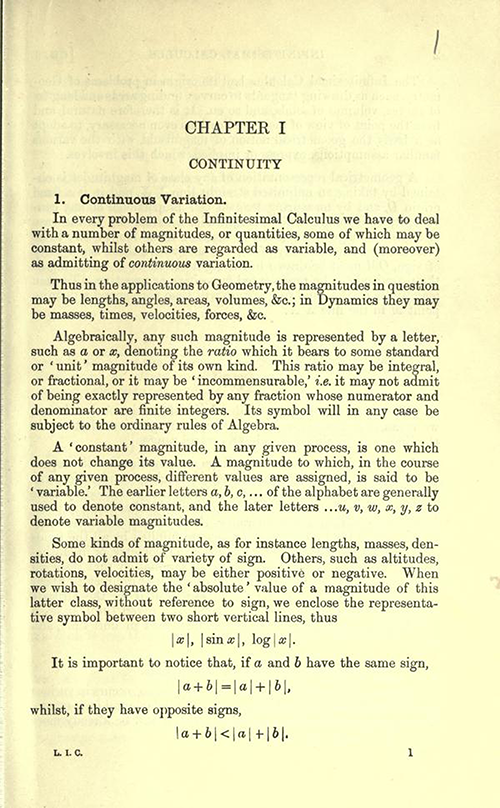 First page of Chapter 1 of An Elementary Course of Infinitesimal Calculus by Horace Lamb (1934 edition)