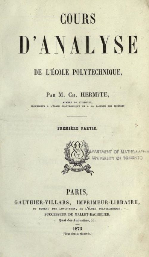 Title page of Cours d'Analyse by Charles Hermite, 1873