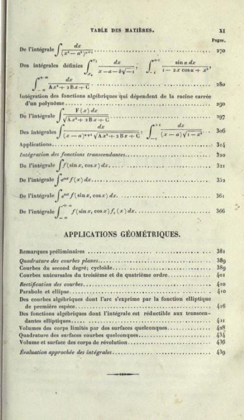 Third page of table of contents of Cours d'Analyse by Charles Hermite, 1873