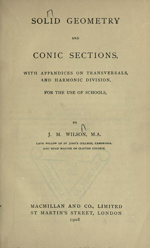 Title page of Solid Geometry and Conic Sections by James Wilson, published in 1908