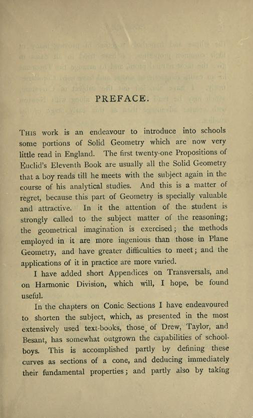 First page of preface to Solid Geometry and Conic Sections by James Wilson, published in 1908