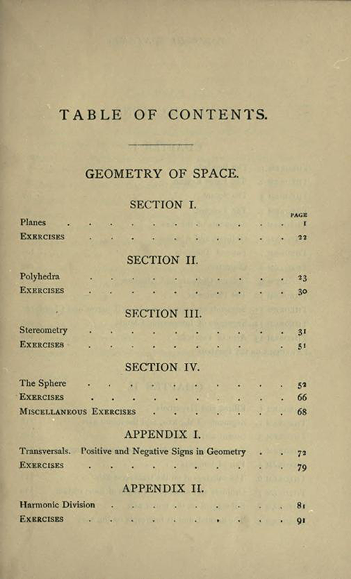 First page of the Table of Contents to Solid Geometry and Conic Sections by James Wilson, published in 1908