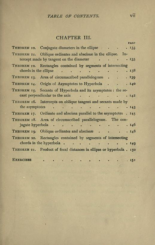 Third page of the Table of Contents to Solid Geometry and Conic Sections by James Wilson, published in 1908