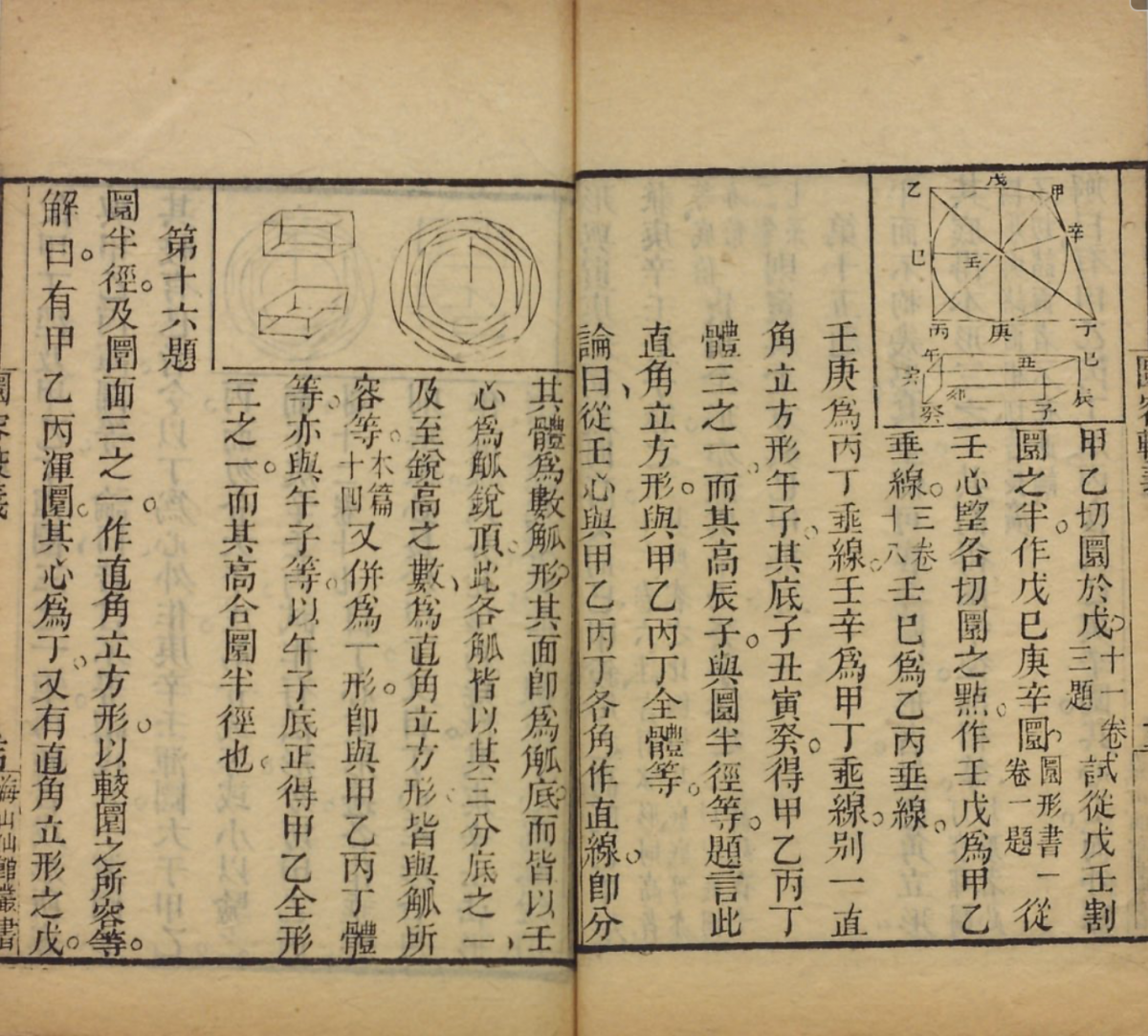 Pages from the 1847 printing of Matteo Ricci's and Li Zhizao's Yuan rong jiao yi.