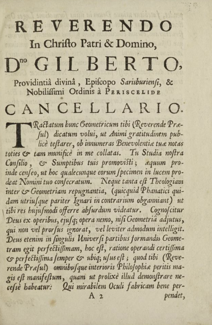 Dedication page for Craig's Tractatus mathematicus de figurarum curvilinearum quadraturis et locis geometricis, 1693.