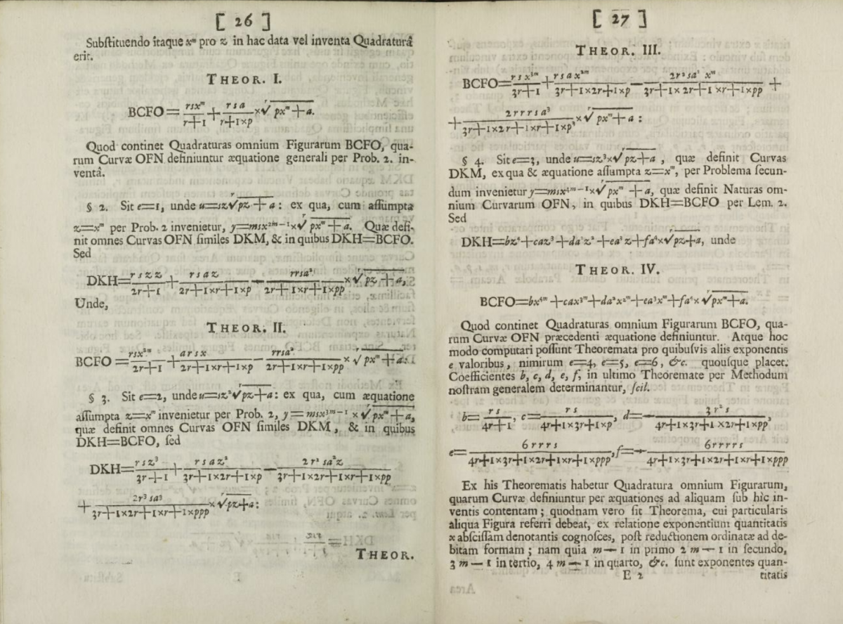 Pages 26-27 from Craig's Tractatus mathematicus de figurarum curvilinearum quadraturis et locis geometricis, 1693.
