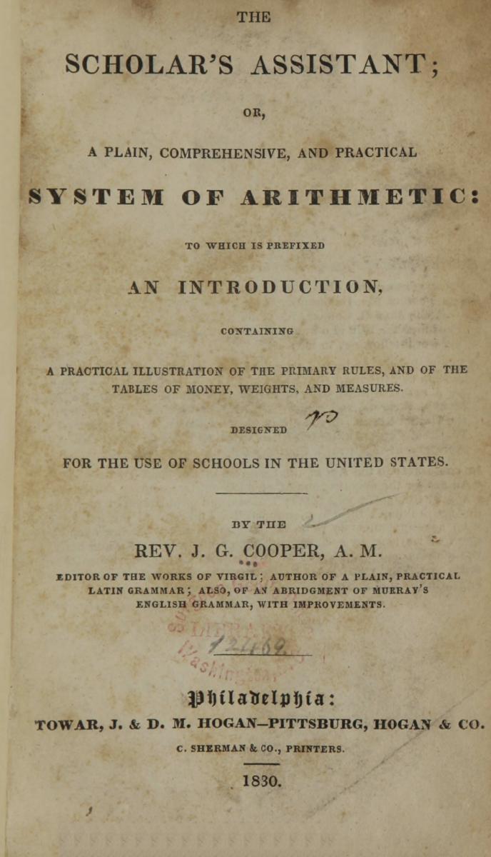 Title page of Joab Cooper's 1830 The Scholar's Assistant.