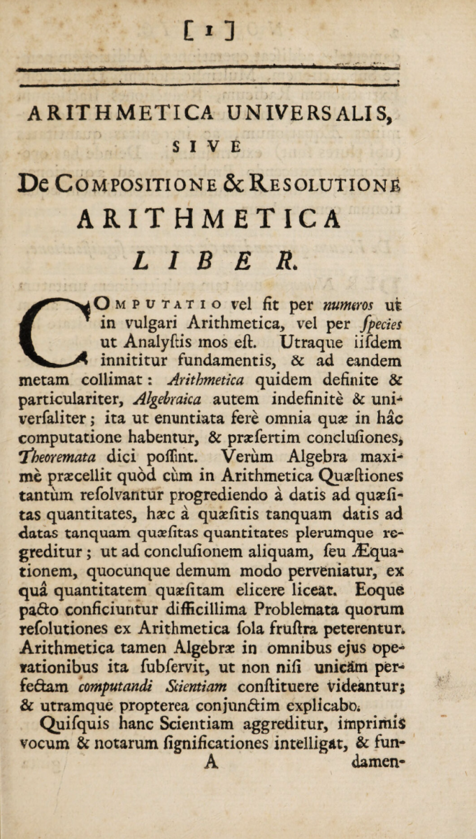 Page 1 from the 1722 second Latin edition of Newton's Arithmetica universalis.