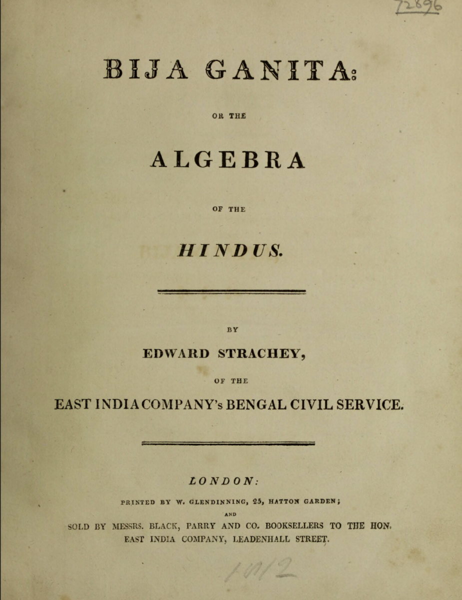 Title page from Edward Strachey's 1813 translation of Bhaskara's Bija Ganita.