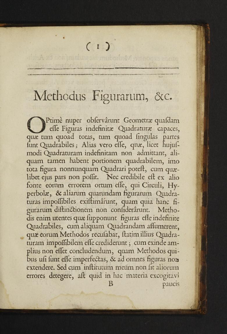 Page 1 from John Craig's Methodus figurarum lineis rectis et curvis comprehensarum quadraturas determinandi (1685).