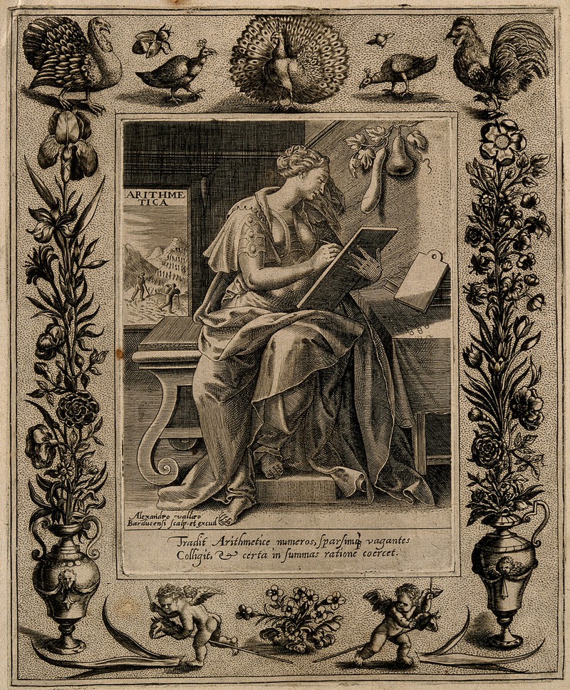 Muse of arithmetic, engraved by Alexandre Vallée around 1600.