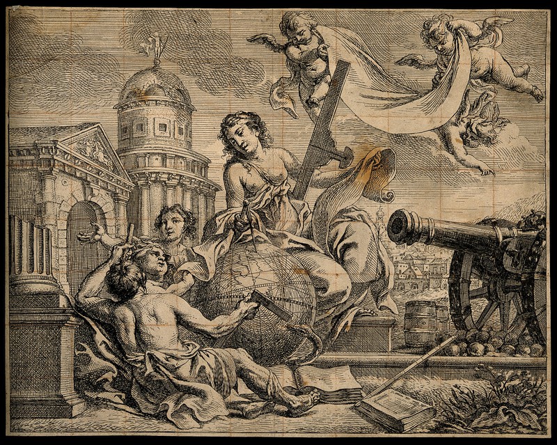 17th-century engraving of Geometry and Warfare by Cornelis Schut.