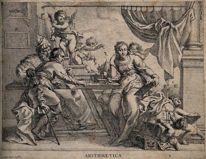 17th-century engraving of Arithmetic with two merchants by Cornelis Schut.