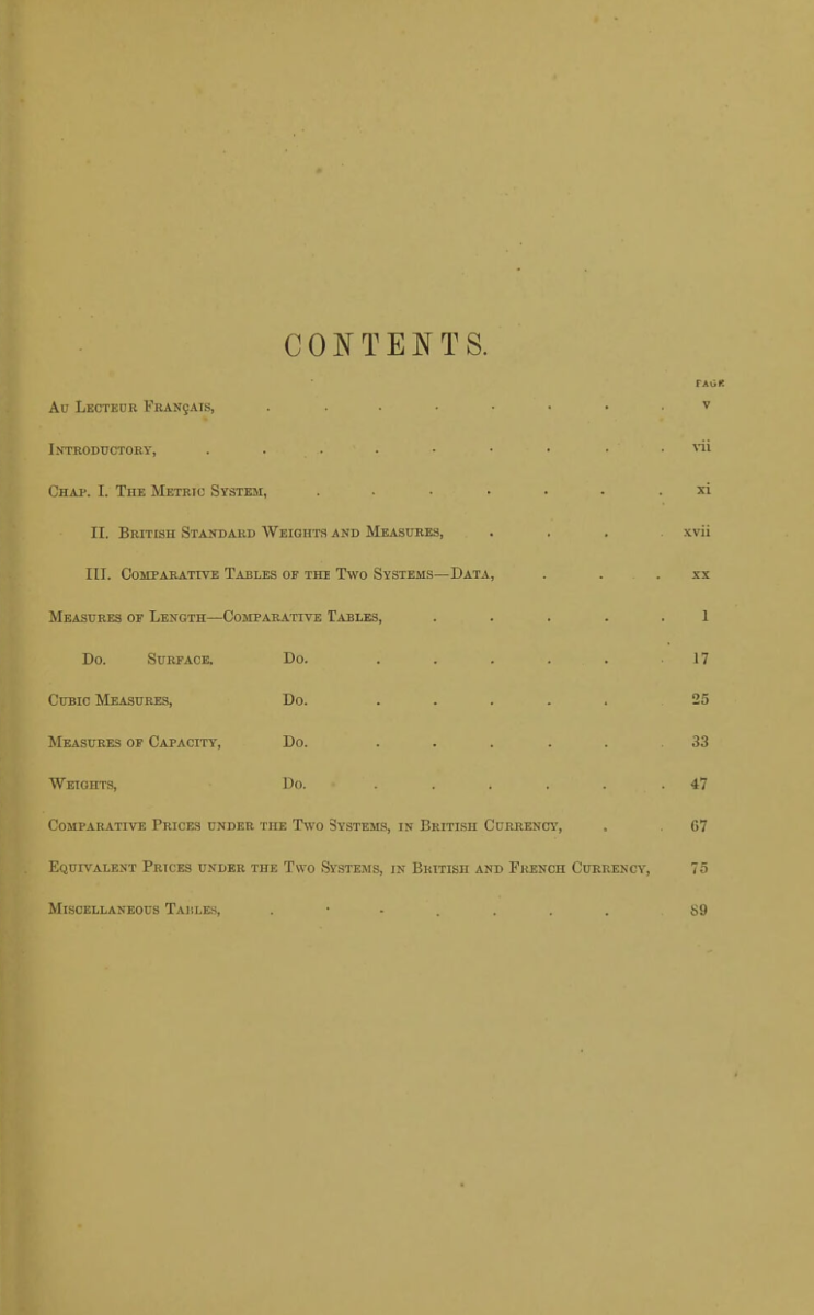 Table of contents from Henry Rutter's 1866 The Metric System of Weights and Measures.
