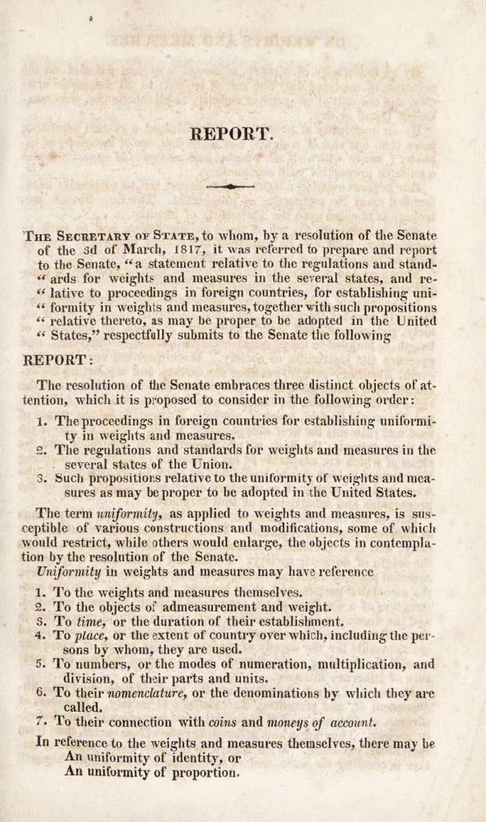 First page of John Quincy Adams's 1821 Report upon Weights and Measures.