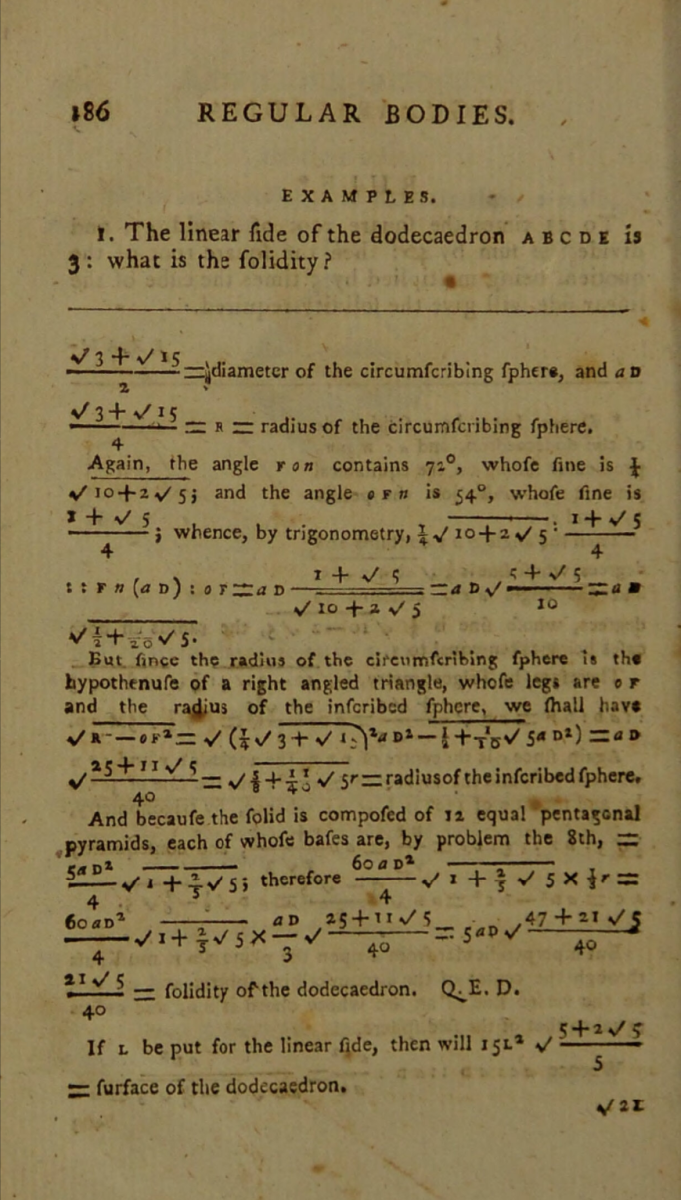 Page 186 from John Bonnycastle's Introduction to Mensuration and Practical Geometry (5th ed., 1798).