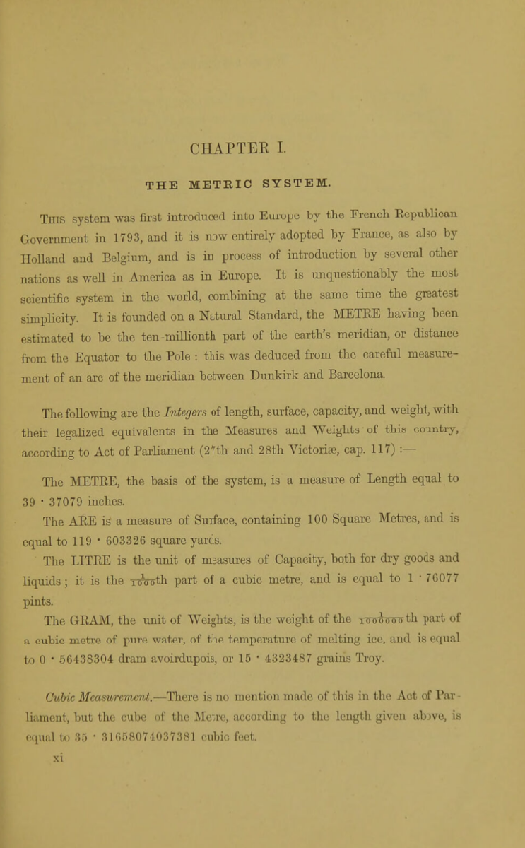 Page xi from Henry Rutter's 1866 The Metric System of Weights and Measures.