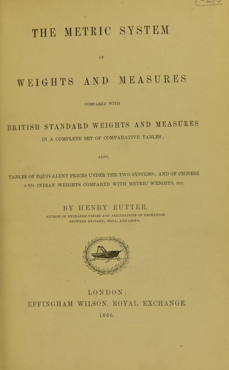 Title page of Henry Rutter's 1866 The Metric System of Weights and Measures.