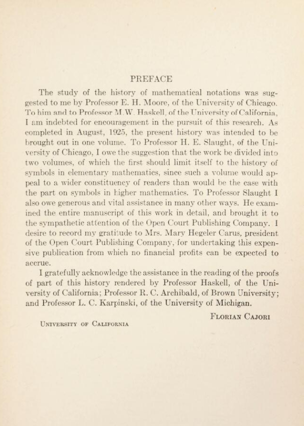 Preface from Florian Cajori’s two-volume A History of Mathematical Notations (1928–1929).