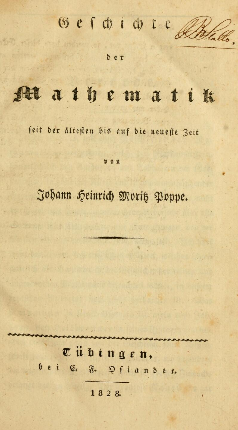 Title page of Johann Heinrich Moritz Poppe's 1828 Geschichte der Mathematik.