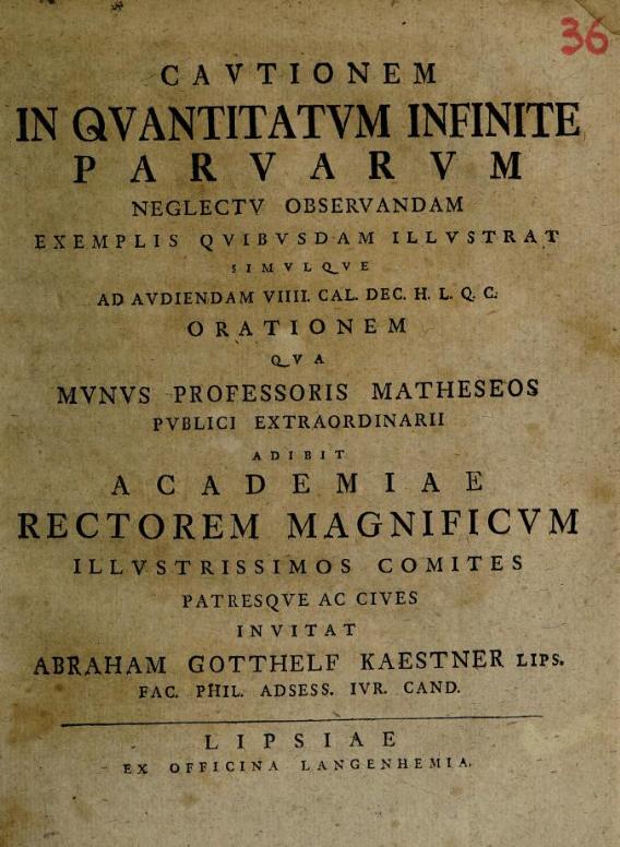 Title page of 1746 lecture by Kästner on infinitesimals.