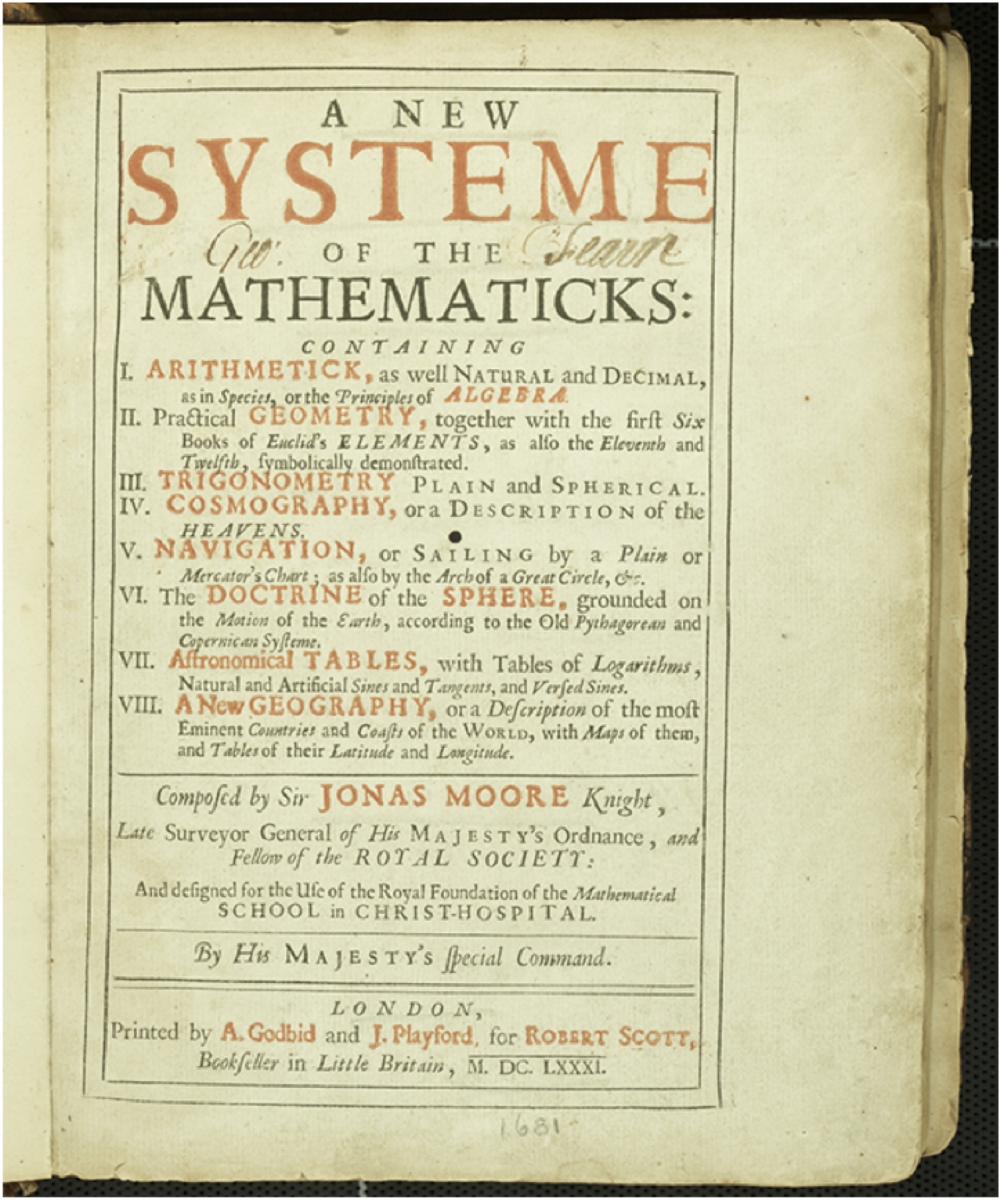 Title page of Jonas Moore's 1681 A New System of the Mathematics.