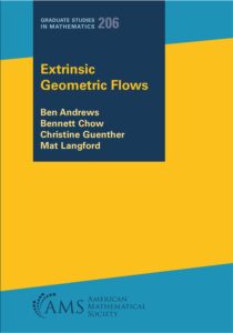Book cover of Extrinsic Geometric Flows by Ben Andrews, Bennett Chow, Christine Guenther, and Mat Langford. The cover background is sky blue at the top and bottom with a wide yellow-gold stripe in the middle. The title is in yellow in a navy blue box at the top of the cover. It is part of the Graduate Studies in Mathematics series. The AMS logo in in the sky blue box at the bottom of the cover.