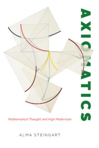 Book cover with a white background. The word Axiomatics is written in a bold green on the righ side of the cover with squares and curved lines featured in the center of the cover.