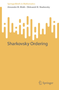Cover of the book 'Sharkovsky Ordering' by Alexander M. Blokh and Oleksandr M. Sharkovsky, part of the SpringerBriefs in Mathematics series. The design features a minimalistic yellow and white pattern resembling vertical bars and dots, with the title in gray and the Springer logo at the bottom.