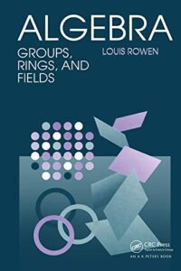 Cover of the book Algebra: Groups, Rings, and Fields by Louis Rowen. The design features abstract geometric shapes, including overlapping circles, squares, and parallelograms in shades of purple, blue, and teal on a dark blue background. A pattern of small circles is arranged in a grid-like formation near the top left. Published by CRC Press, part of the Taylor & Francis Group, and marked as an "A K Peters Book."