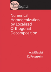 Cover of the book Numerical Homogenization by Localized Orthogonal Decomposition by A. Målqvist and D. Peterseim. The design is minimalistic, featuring a red background with white text and a black upper banner labeled "SIAM Spotlights."