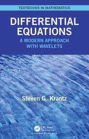 Cover of the book Differential Equations: A Modern Approach with Wavelets by Steven G. Krantz, part of the "Textbooks in Mathematics" series published by CRC Press. The top banner is light blue with green trim, containing the series title. The main background features a textured, abstract blue pattern resembling waves or ripples. The book title is displayed in large white text with the subtitle in a smaller font below. The author's name appears in white toward the lower center, above the CRC Press logo.