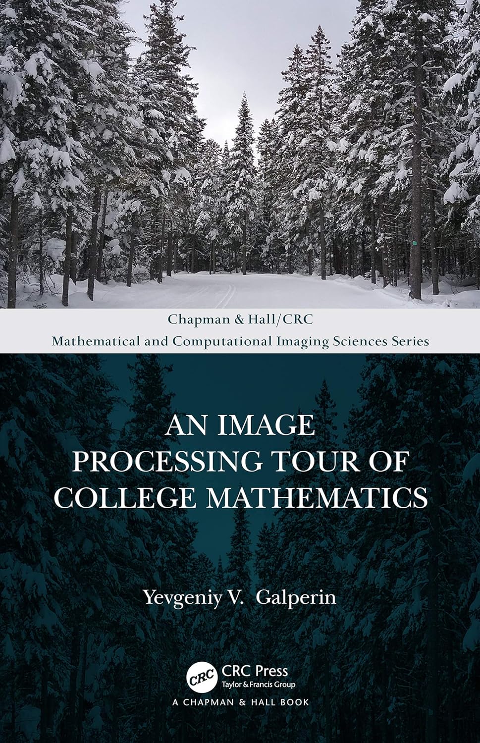 Cover of the book An Image Processing Tour of College Mathematics by Yevgeniy V. Galperin, published by CRC Press, a Chapman & Hall book. The background features a snow-covered forest scene with tall pine trees lining a path under a cloudy sky. The title is printed in large white capital letters across a darkened portion of the image, with the author’s name and publisher logos below. The upper portion of the cover highlights the series: "Mathematical and Computational Imaging Sciences Series."
