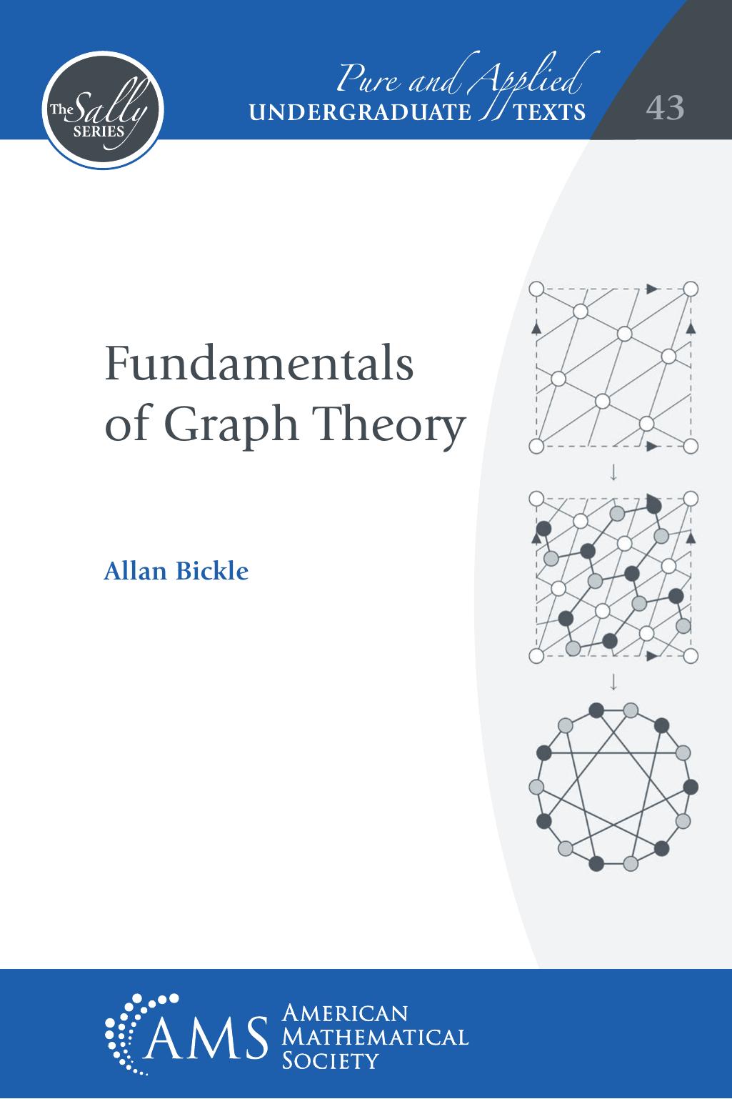 Cover of the book Fundamentals of Graph Theory by Allan Bickle, part of the "Pure and Applied Undergraduate Texts" series published by the American Mathematical Society (AMS). The top banner is blue with white text, including the series number "43" and "The Sally Series" emblem. The main section is white with the title in gray and author's name in blue. The right side of the cover features three diagrammatic illustrations of graphs, showing different stages or types of graph structures, all in grayscale. The AMS logo is at the bottom on a blue background.