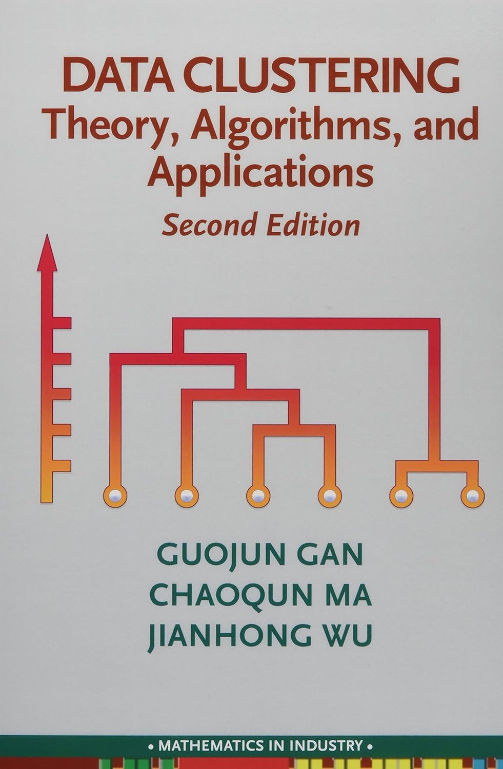 Cover of the book titled "Data Clustering: Theory, Algorithms, and Applications, Second Edition" by Guojun Gan, Chaoqun Ma, and Jianhong Wu. The background is light gray. The title is in bold dark red at the top, with "Second Edition" in italic below it. A diagram illustrating hierarchical clustering is shown underneath, using gradient red-to-orange lines ending in small circles. The authors' names appear in green text, and a dark green banner at the bottom reads "Mathematics in Industry," with colorful vertical stripes underneath.