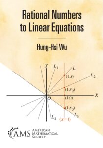 Cover of the book titled "Rational Numbers to Linear Equations" by Hung-Hsi Wu. The background is a gradient of soft beige and white. The lower portion features a coordinate plane with multiple black lines radiating from the origin and labeled points along the vertical line 𝑥=1. Labels include coordinates such as (1, s), (1, s₂), (1, 0), and (1, s₃), along with line labels 𝐿1, 𝐿2, 𝐿3, 𝐿4, and axes 𝑋 and 𝑌. The logo of the American Mathematical Society appears at the bottom.
