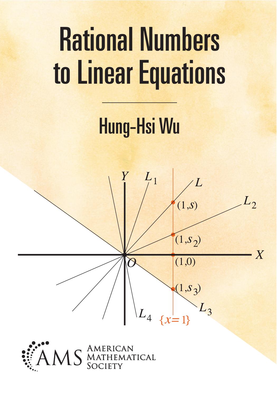Cover of the book titled "Rational Numbers to Linear Equations" by Hung-Hsi Wu. The background is a gradient of soft beige and white. The lower portion features a coordinate plane with multiple black lines radiating from the origin and labeled points along the vertical line š„=1. Labels include coordinates such as (1, s), (1, sā), (1, 0), and (1, sā), along with line labels šæ1, šæ2, šæ3, šæ4, and axes š and š. The logo of the American Mathematical Society appears at the bottom.