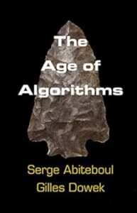 Cover of the book titled "The Age of Algorithms" by Serge Abiteboul and Gilles Dowek. The background is solid black with a large, textured stone arrowhead at the center. The title text appears in bold white letters across the arrowhead, and the authors' names are written below in yellow font.