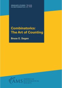 Book cover of "Combinatorics: The Art of Counting" by Bruce E. Sagan, part of the Graduate Studies in Mathematics series (volume 210), published by the American Mathematical Society. The cover features a modern geometric design with dark blue, yellow, and teal color blocks.