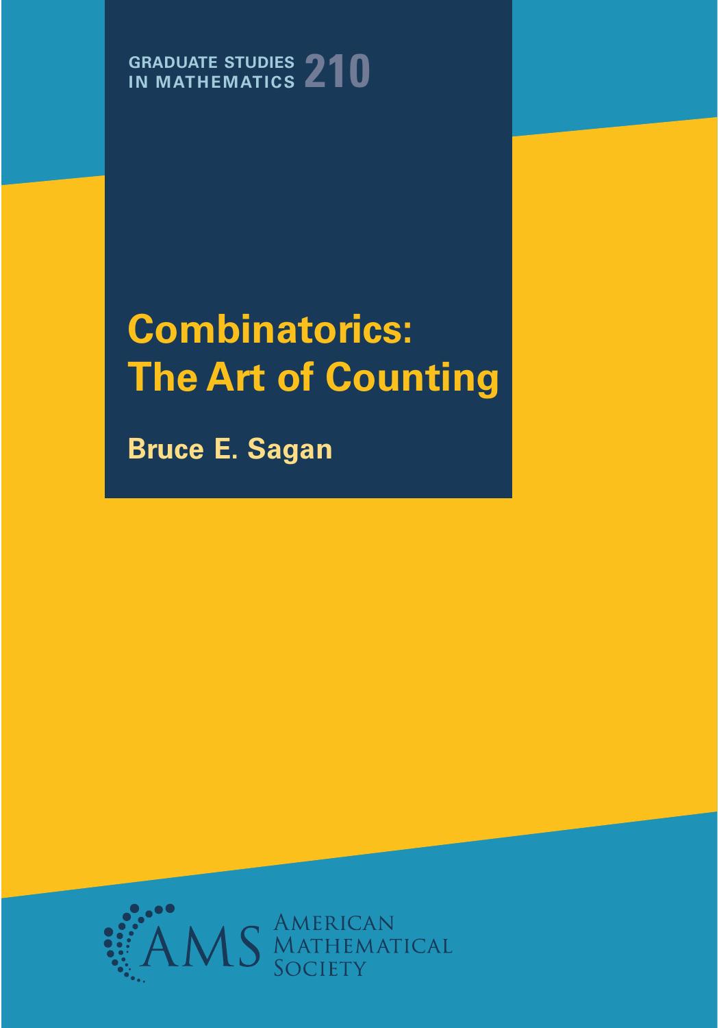 Book cover of "Combinatorics: The Art of Counting" by Bruce E. Sagan, part of the Graduate Studies in Mathematics series (volume 210), published by the American Mathematical Society. The cover features a modern geometric design with dark blue, yellow, and teal color blocks.