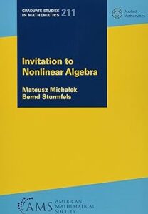 Cover of the book "Invitation to Nonlinear Algebra" by Mateusz Michałek and Bernd Sturmfels. The design features a diagonal division between a bright yellow upper section and a blue lower section. The title is in bold yellow text on a dark blue block in the top left, with author names in smaller white text below. The series title "Graduate Studies in Mathematics 211" and "Applied Mathematics" are also visible. The AMS (American Mathematical Society) logo is displayed at the bottom.