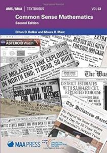 Cover of the book "Common Sense Mathematics" (Second Edition) by Ethan D. Bolker and Maura B. Mast. The background features a collage of sensational newspaper headlines related to numbers, statistics, and real-world events. The top section includes branding for AMS/MAA Textbooks, Volume 63, with the MAA Press and AMS logos at the bottom.