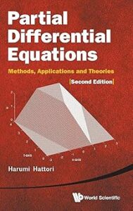 Cover of the book "Partial Differential Equations: Methods, Applications and Theories (Second Edition)" by Harumi Hattori. The background is red with a grid design and features a 3D plot graphic of a geometric surface labeled with x-axis, y-axis, and z-axis. The title is in bold white and yellow text, and the publisher "World Scientific" is displayed at the bottom.