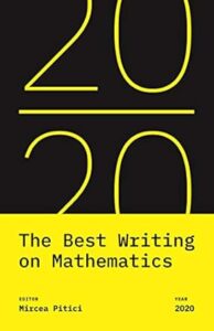 Cover of the book "The Best Writing on Mathematics 2020," edited by Mircea Pitici. The design features a bold black and yellow color scheme with large stylized "20/20" numerals occupying the top half, and the title and editor information in a clean sans-serif font in the lower yellow section.